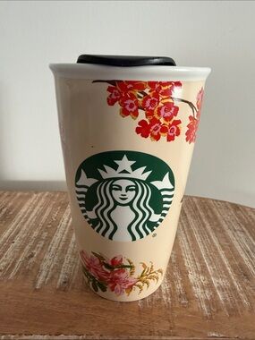 Starbucks ban.do Bando Floral Rose Pink Flowers Ceramic Travel Tumbler Mug 12 oz